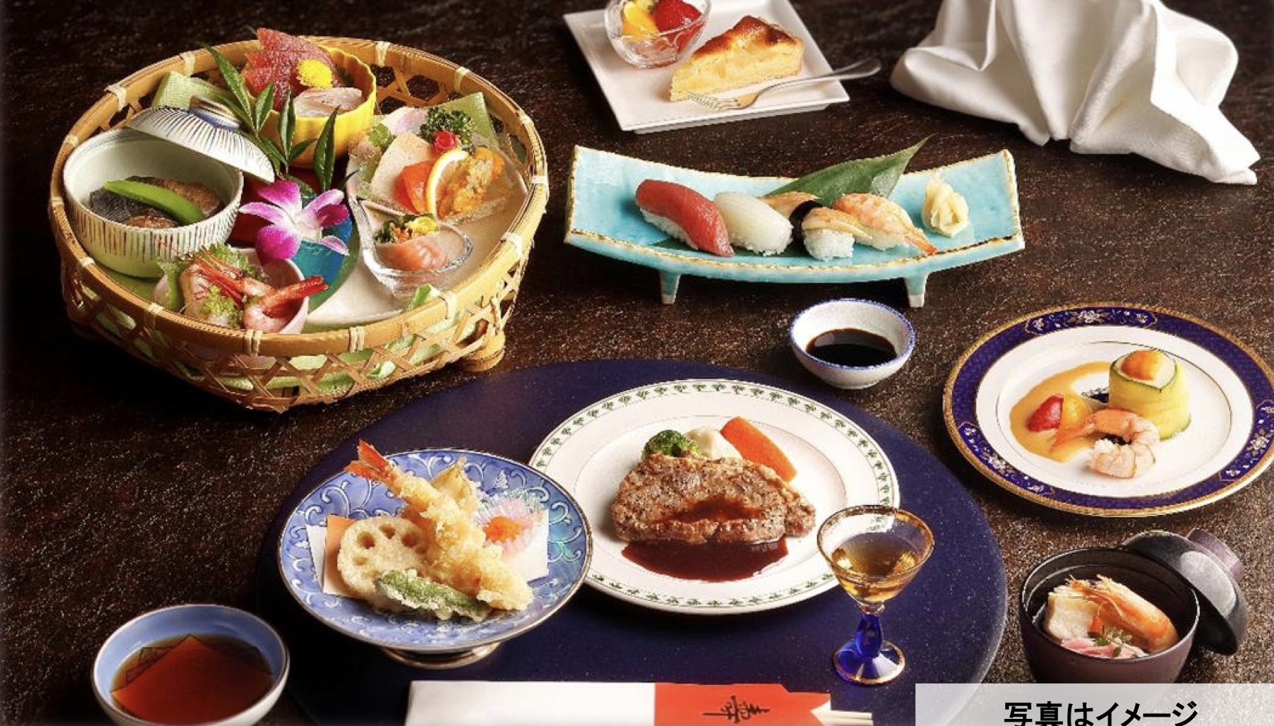 七五三 和洋お祝い会席料理 前菜・造里・握り寿司・肉料理・天ぷらなどのお料理一例